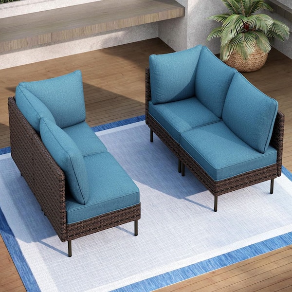 PHI VILLA Black 4-Pieces Metal Patio Conversation Sectional Seating Set with Brown Rattan and Navy Blue Cushions
