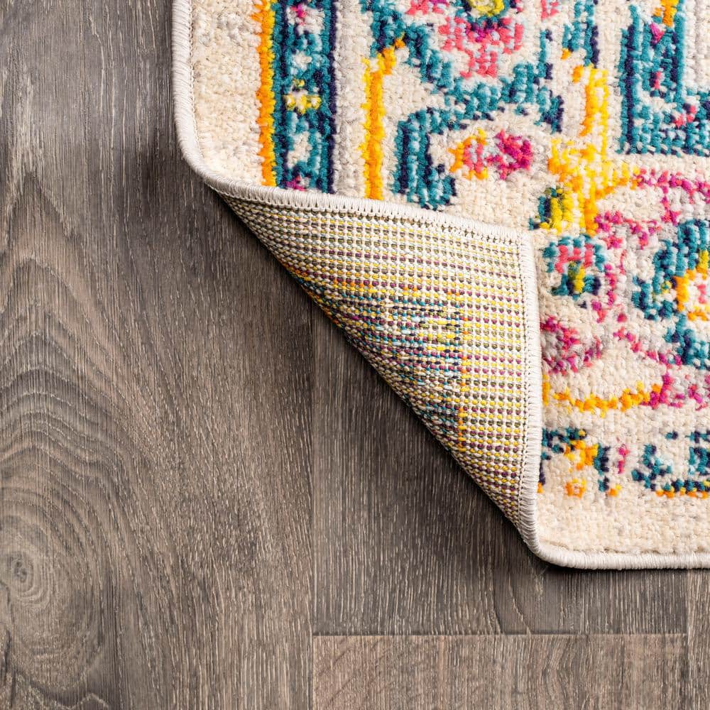 Ivory and Multicolor Medallion Synthetic Runner Rug