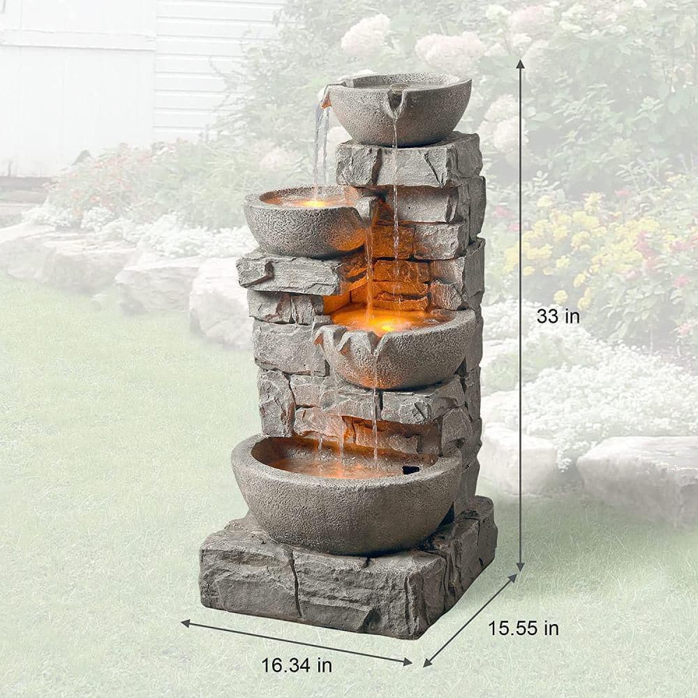 Stone Gray Cascading Bowls and Stacked Stones LED Outdoor Fountain