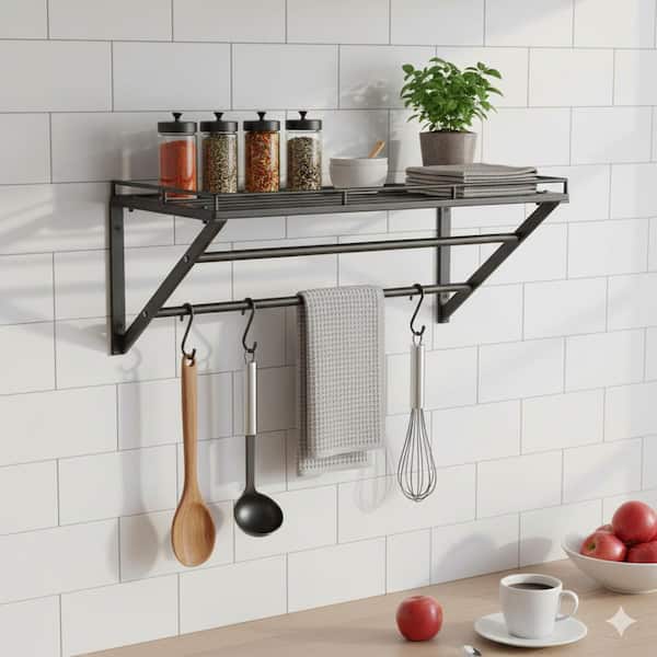 Black Wall Mount 2 Tier Storage Shelf Pot Rack with 12 Hooks for Kitchen Utensils Cookware Plant Display