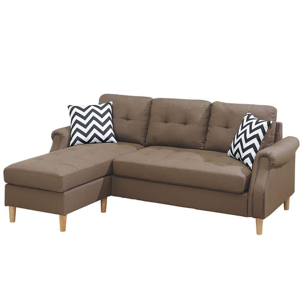 87 in. W Rolled Arm Linen Like Fabric Modern L-Shaped Light Coffee Sectional 2-Sofa Set in Brown