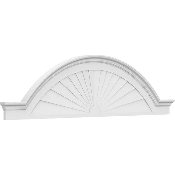 Ekena Millwork 84-in. W x 22-in. H x 2-1/2-in. P Segment Arch W/Flankers Sunburst Signature Urethane Pediment, Primed Tan