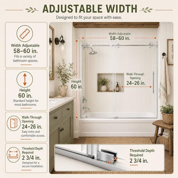 Cleo 60 in. W x 60 in. H Sliding Semi-Frameless Tub Door in Silver Finish with Clear Tempered Glass