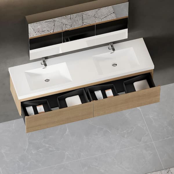 Ziyudura 72 in. Double Sink Floating Natural Oak Bath Vanity with
