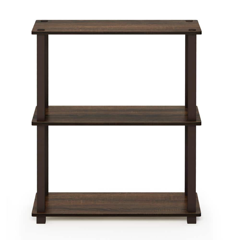 Walnut Brown 3-Tier Rubberwood Bookshelf with Open Back