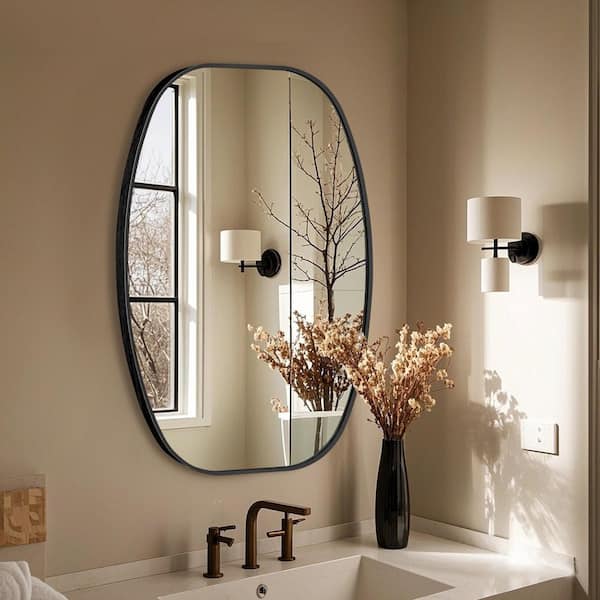 20 in. W x 30 in. H Modern Oval Aluminum Frame Black Wall Mirror (Screws Included)