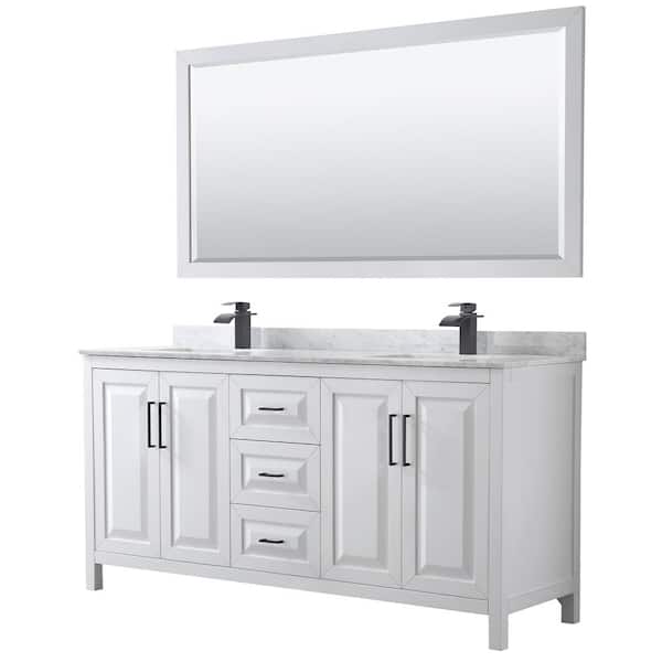 Wyndham Collection Daria 72 in. W x 22 in. D x 35.75 in. H Double Bath Vanity in White with White Carrara Marble Top and 70 in. Mirror
