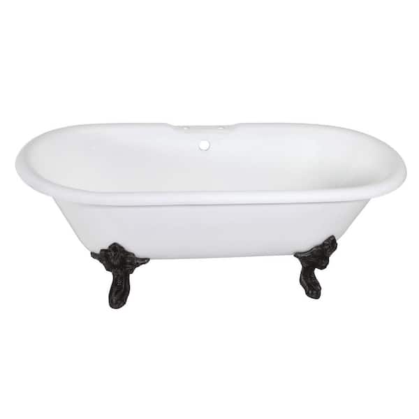 Kingston Brass Aqua Eden 72- in. Cast Iron Double Ended Clawfoot Bathtub with 7-Inch Faucet Drillings in White/Matte Black
