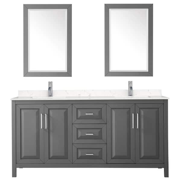 Wyndham Collection Daria 72 in.W x 22 in.D Double Vanity in Dark Gray w/ Cultured Marble Vanity Top in Light-Vein Carrara w/ Basins&Mirrors