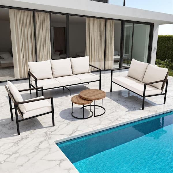 INMITOM 4-Piece Outdoor Patio Conversation Set with Beige Cushions, Seats 6, Includes Coffee Table