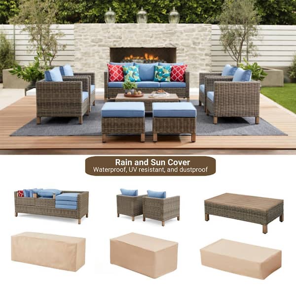 8-Piece Wicker Patio Conversation Set with Blue Cushions