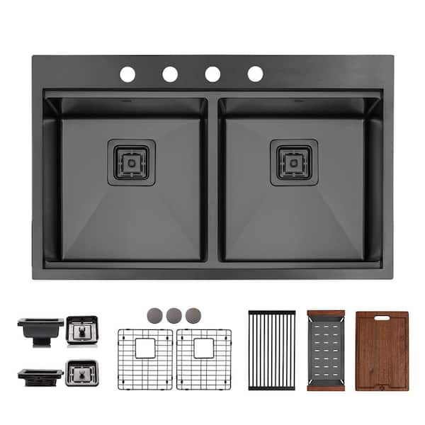 S STRICTLY KITCHEN + BATH 33 in. Drop-In/Undermount Double Bowl 16-Gauge Black Stainless Steel Workstation Kitchen Sink with Accessories