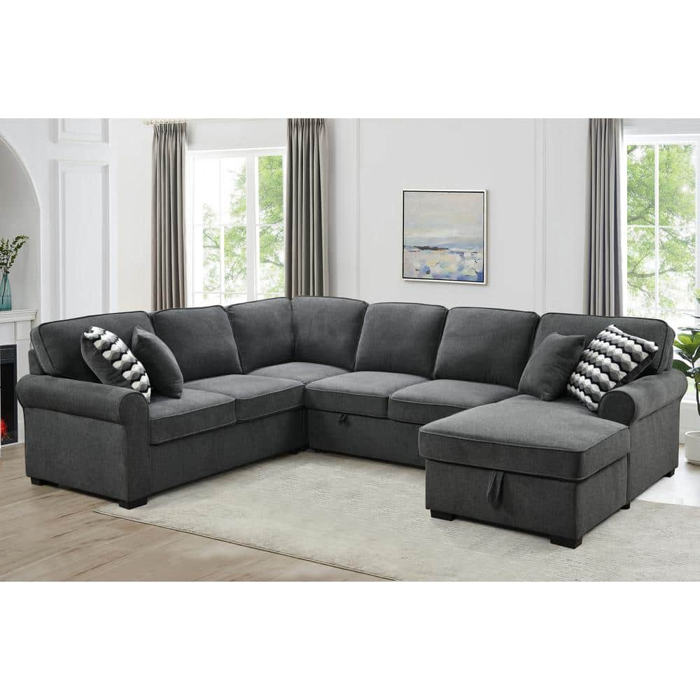 117 in. Rolled Arms Polyester Sectional Sofa in. Dark Gray with Storage Chaise, Pull-out Bed, 4 Throw Pillows -  sumyeg, SY-HH-4S042