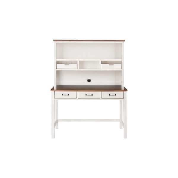 Home Decorators Collection 48 in. Rectangular White/Haze Wood 5-Drawer Writing Desk with Open Shelf Hutch