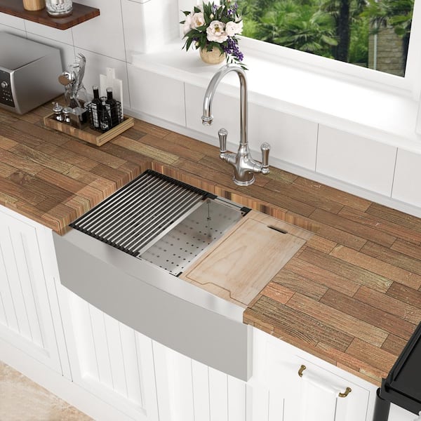 30 in. Farmhouse Single Bowl 18 Gauge Brushed Nickel Stainless Steel Kitchen Sink with Bottom Grids
