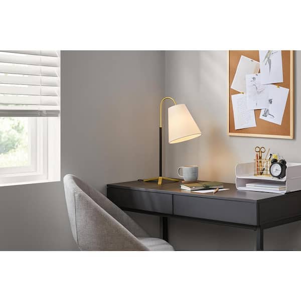 Hampton Bay Warrenton 21 in. Black with Gold Accents Table Lamp with Cone White Fabric Shade