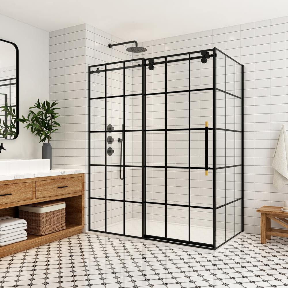 Puente 64 in. W x 78 in. H Rectangle Sliding Frameless Corner Shower Dooe Enclosure in Matte Black with Clear Glass price history on PriceWatchPro