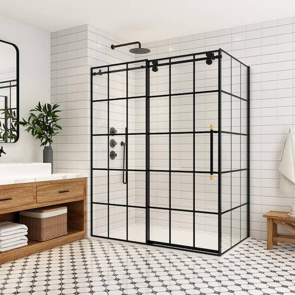 ROSWELL Puente 64 in. W x 78 in. H Rectangle Sliding Frameless Corner Shower Dooe Enclosure in Matte Black with Clear Glass