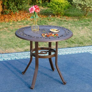 Brown Round Cast Aluminum Outdoor Bistro Table with Umbrella Hole