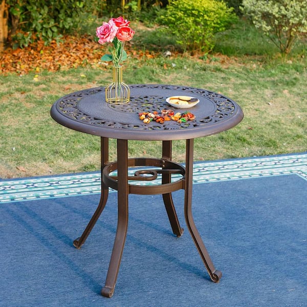 PHI VILLA Brown Round Cast Aluminum Outdoor Bistro Table with Umbrella Hole