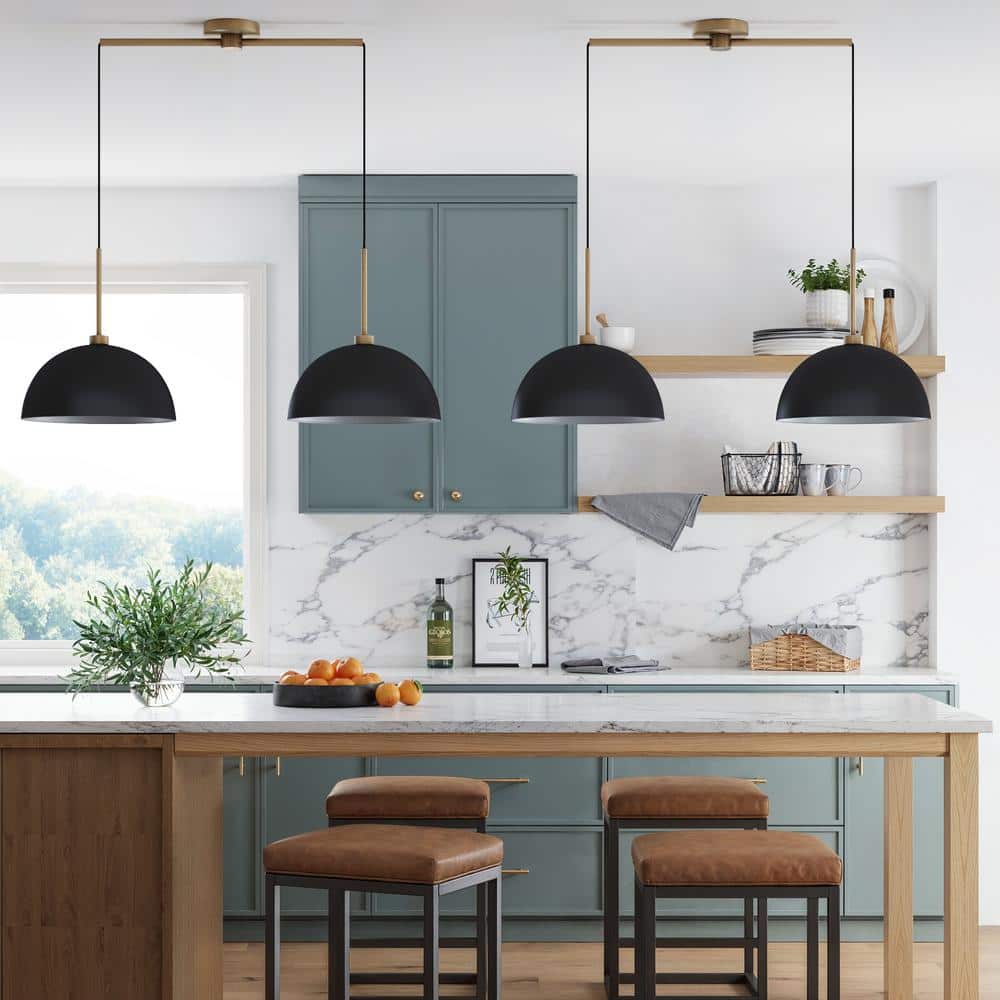 Matte Black and Brass Dual Drum Pendant Light Set