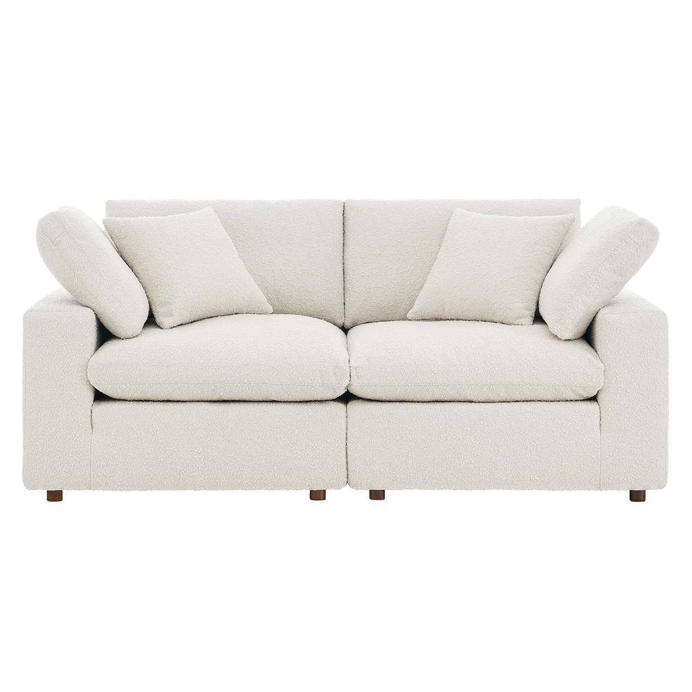 Ivory Boucle Fabric Overstuffed Loveseat with Down Cushions