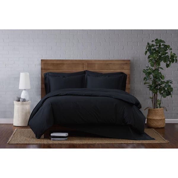 Brooklyn Loom Classic 3-Piece Cotton Black Full/Queen Duvet Set