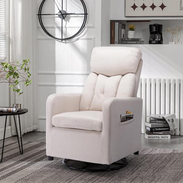 Beige Teddy Fabric Swivel Rocking Chair Gilder Chair with Pocket for Living room