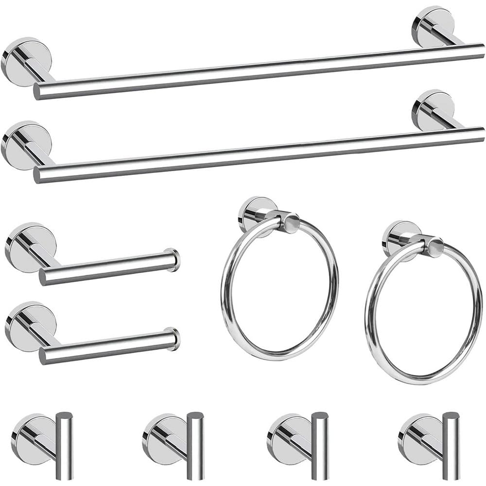 10-Pieces Stainless Steel Bath Hardware Set-24 in. Towel Bar, Ring, Robe, H