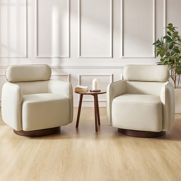 JAYDEN CREATION Pius White Modern Swivel Genuine Leather Barrel Chair with Adjustable Headrest (Set of 2)