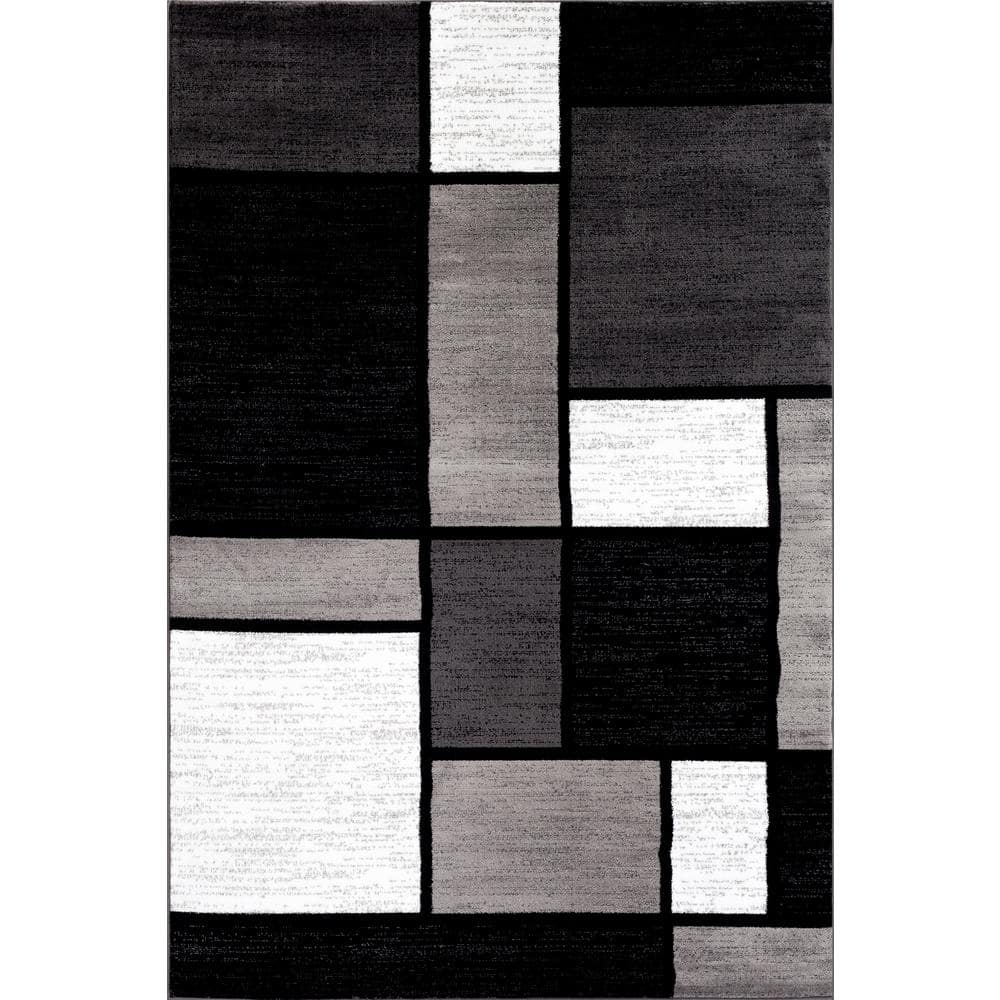 Gray and Black Synthetic Rectangular Geometric Area Rug 4' x 6'