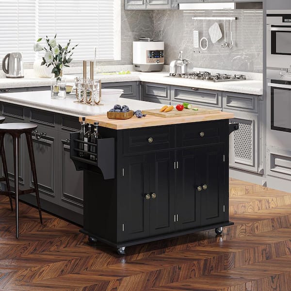 Tenleaf Black Wood 43.75 in. Kitchen Island on Wheels, Rolling Kitchen ...