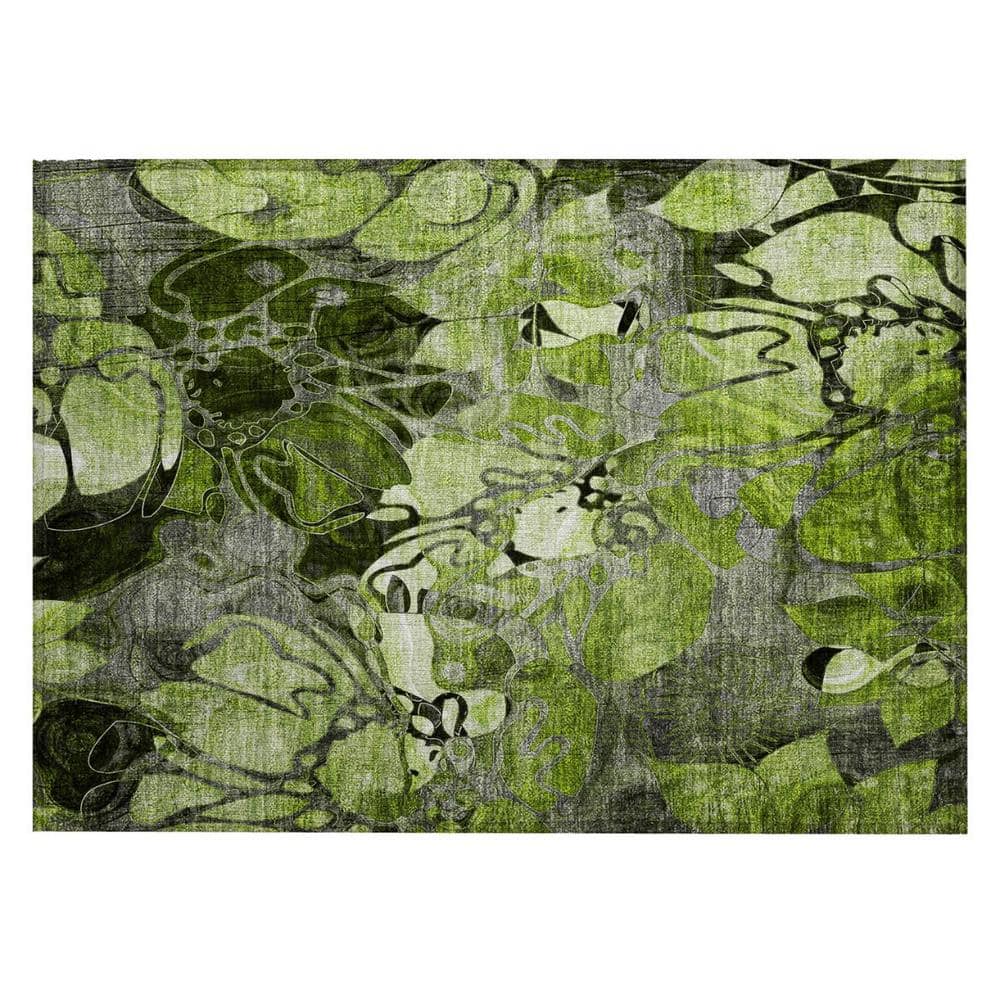 Fern Green and Gray Floral Washable Polyester Outdoor Rug