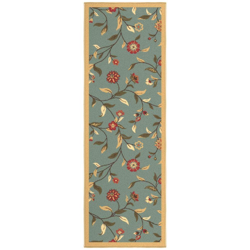 Seafoam Green Floral Non-Slip Runner Rug with Rubber Backing