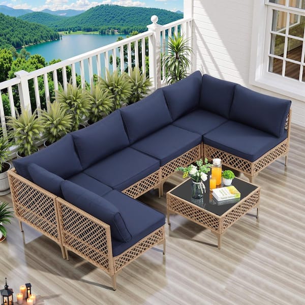 Bohemia All-Weather 7-Piece Brown Wicker Patio Furniture set Conversation Set with Blue Cushions&Coffee Table