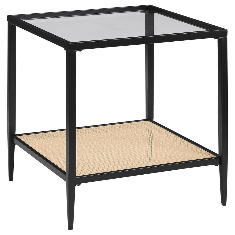 Black Metal and Glass Square End Table with Cane Shelf