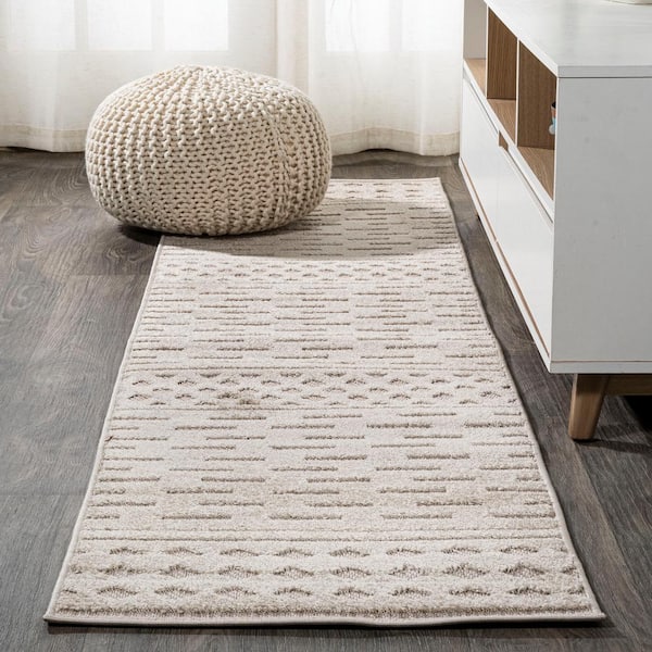 Xlendi High-Low Pile Moroccan Geometric Beige 2 ft. x 10 ft. Indoor/Outdoor Runner Rug