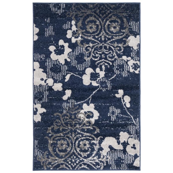 SAFAVIEH Adirondack Navy/Silver Doormat 3 ft. x 5 ft. Floral Damask Area Rug