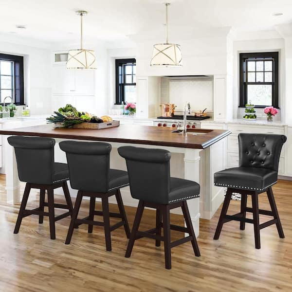 26 in. Black Faux Leather Swivel Barstool Solid Wood Counter Stool with Nail Head Trim and Tufted Backrest (Set of 4)
