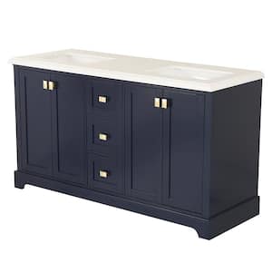 60.58 in. W x 22.39 in. D x 40.70 in. H Freestanding Bath Vanity in Navy Blue with White Engineered Stone Top