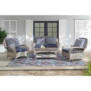 Beacon Park Gray Wicker Outdoor Patio Stationary Lounge Chair with CushionGuard Midnight Trellis Navy Blue Cushions