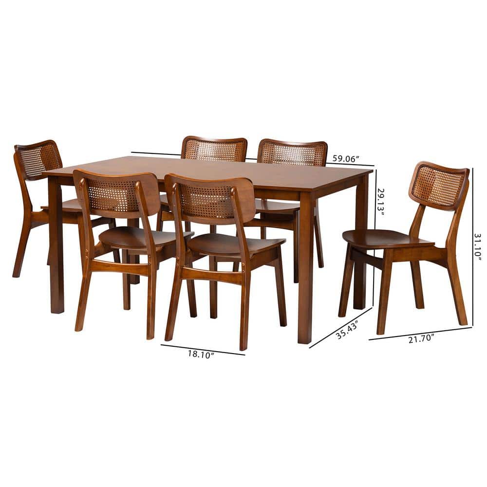 Mid-Century Walnut Brown Wood and Rattan 7-Piece Dining Set