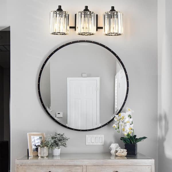 Modern 19.7 in. 3 Light Black Bathroom Vanity Light with Crystal Glass Shade