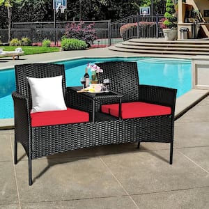 Black 1-Piece Wicker Outdoor Loveseat with Red Cushions and Built-In Table