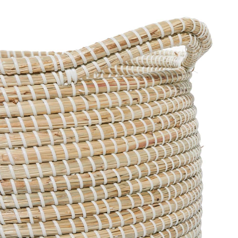 Handwoven White and Natural Seagrass Round Storage Baskets, Set of 2