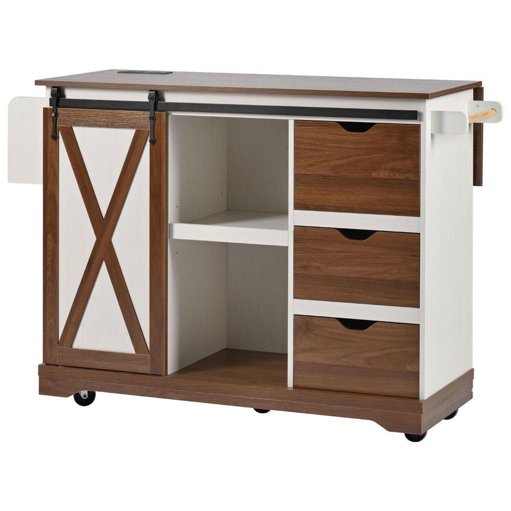 Farmhouse WHite Wood Drop Leaf Desktop 55.5 in. Kitchen Island Cart with Barn Door, Power Outlet price history on PriceWatchPro