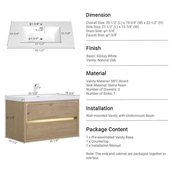 Aionor 36 in. W Single Sink Wall-Mounted Floating Bath Vanity