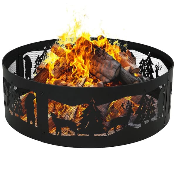 36 in. Steel Fire Pit Ring with 360 Degree Wildlife Cutouts Black 4-Piece