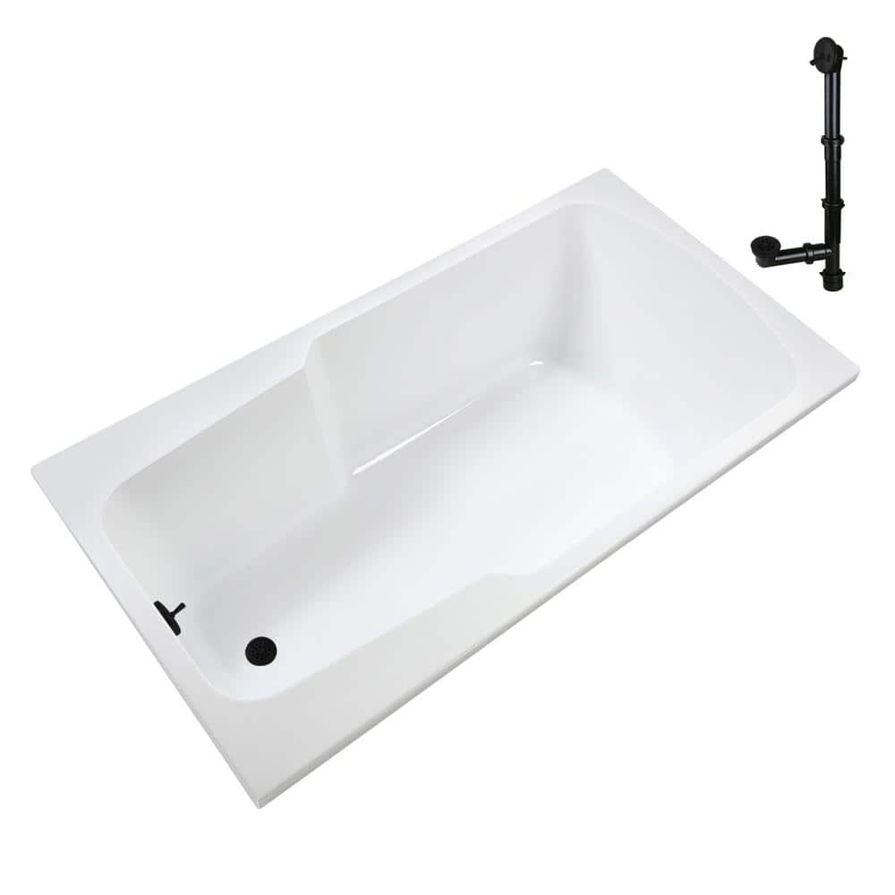 60'' Glossy White Acrylic Drop-In Soaking Bathtub with Matte Black Drain