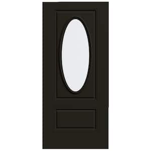 36 in. x 80 in. 1 Panel 3/4 Lite Oval Right-Hand/Inswing Clear Glass Black Steel Front Door Slab